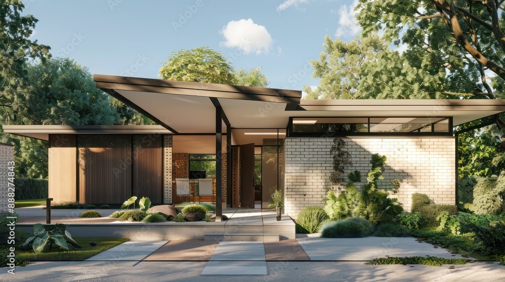 suburban mid-century modern home with a front facade featuring custom ceramic tiles that reflect the artistic style of the era suburban mid-century modern home with a front facade featuring custom ceramic tiles that reflect the artistic style of the era