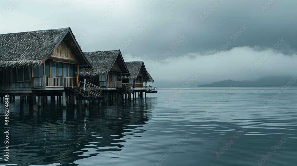 Fototapeta premium Serene overwater bungalows in a misty, tranquil setting with calm waters and a backdrop of fog-covered mountains, creating a peaceful getaway.