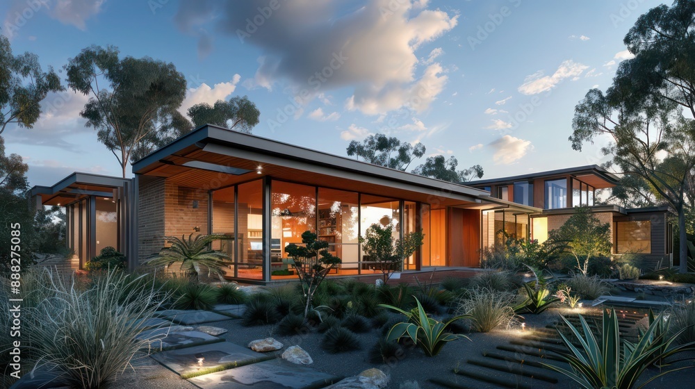 Fototapeta premium eco-friendly Suburban Mid-Century Modern home with integrated rainwater collection and native landscaping