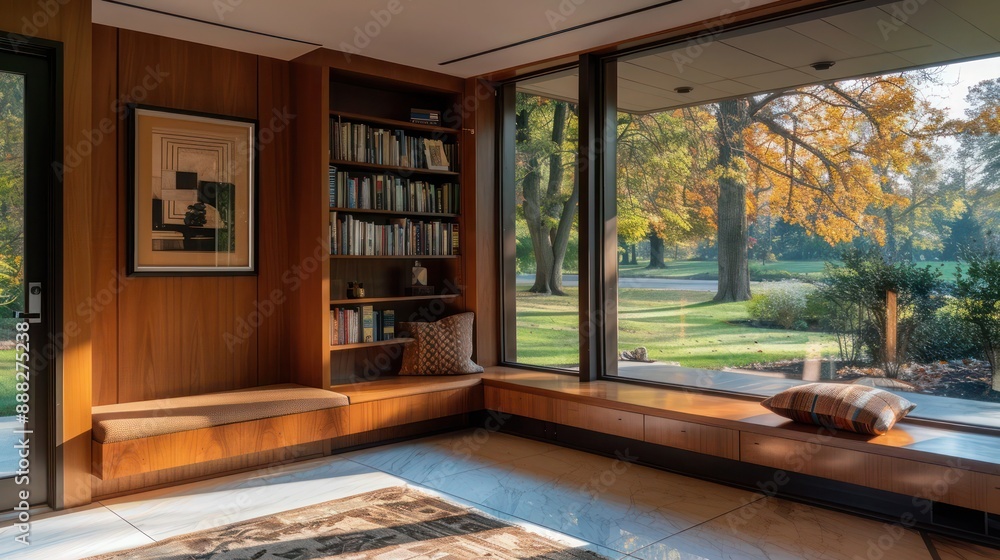 Fototapeta premium peaceful reading nook in a suburban mid-century modern home with a built-in bench and a large picture window