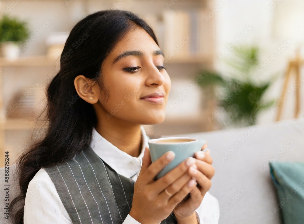 Muslim Young Beauty Wife Lady Having Cup Of Hot Coffee At Home On Winter. Smiling with closed eyes, relaxation at home concept. Muslim Young Beauty Wife Lady Having Cup Of Hot Coffee At Home On Winter. Smiling with closed eyes, relaxation at home concept.