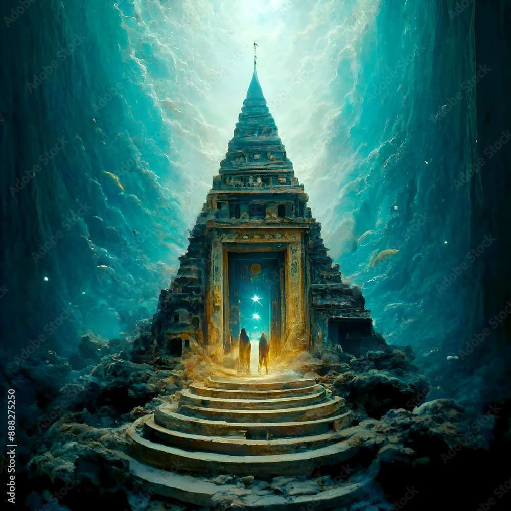 Construction with columns under ocean water of lost Atlantida world. Lost ancient civilization. Ai generated