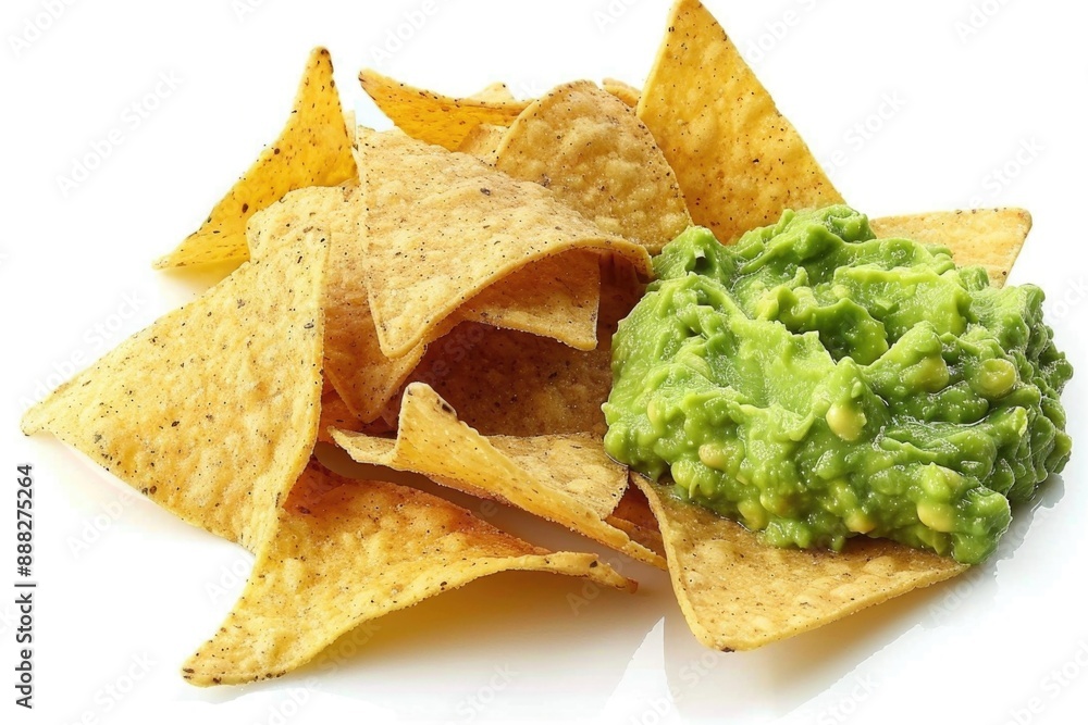Delicious snack featuring crispy chips topped with fresh guacamole, perfect for casual gatherings Delicious snack featuring crispy chips topped with fresh guacamole, perfect for casual gatherings