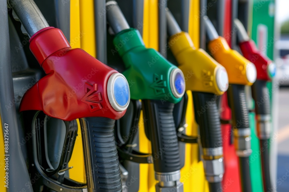 Colorful Fuel Pumps at Modern Gas Station, Bright Refueling Machines, Gasoline Concept Colorful Fuel Pumps at Modern Gas Station, Bright Refueling Machines, Gasoline Concept