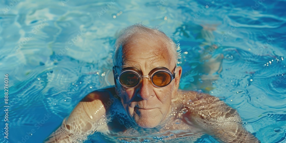 Naklejka premium senior swimmer equipped with protective eyewear, suitable for family-friendly sports imagery or senior health fitness contexts