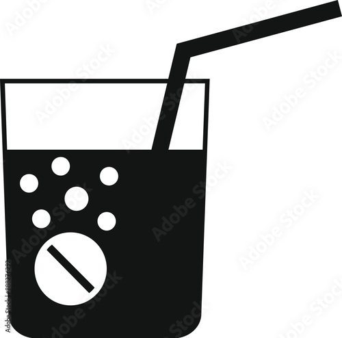 Black and white silhouette of an effervescent tablet dissolving in a glass of water with a straw