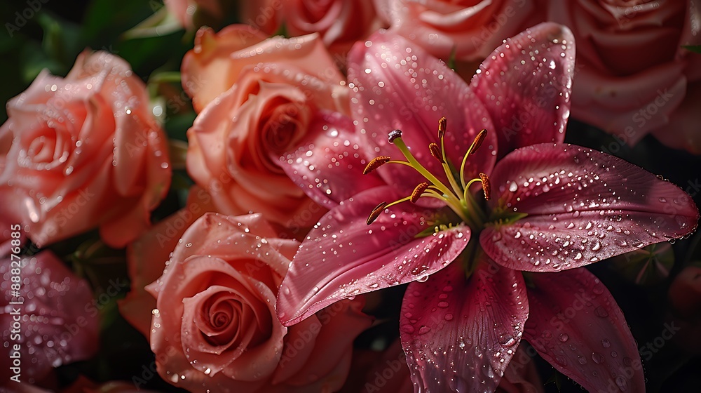 Luxuriously captured pink lilies and roses with water droplets, presented in a shadowy top-down view for wellness. Luxuriously captured pink lilies and roses with water droplets, presented in a shadowy top-down view for wellness.