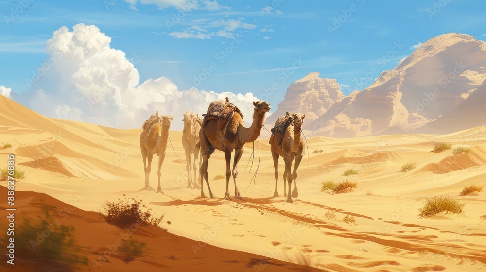 Cammels in dessert. Camel animals walking through a hot desert full of sand Cammels in dessert. Camel animals walking through a hot desert full of sand