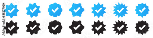 Check mark pixel art icon. Blue check mark. Social media account verification icons. Approved check mark with tick simbol.