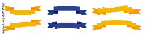 Blue and yellow ribbons made in pixel art design. Pixel set banner ribbon creative design.