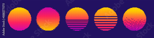 Retro sunset from 80s in pixel style. Vintage 80s neon sun collection. Abstract cyberpunk sun template in gradient. Cyber or sci-fi concept.