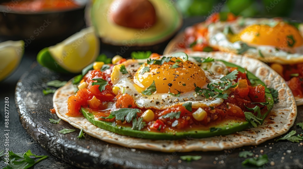 Breakfast Fried Eggs on Corn Tortillas with Tomato-Chili Sauce - Garnished with Avocado and Cilantro Breakfast Fried Eggs on Corn Tortillas with Tomato-Chili Sauce - Garnished with Avocado and Cilantro