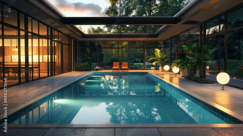 Obraz premium indoor pool in a Suburban Mid-Century Modern home, surrounded by glass walls and subtle landscape lighting
