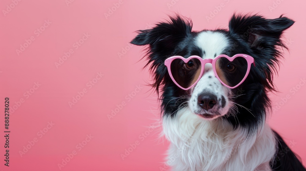 Fototapeta premium Cute Border Collie dog with pink heart shaped Valentine's day glasses in front of pink background
