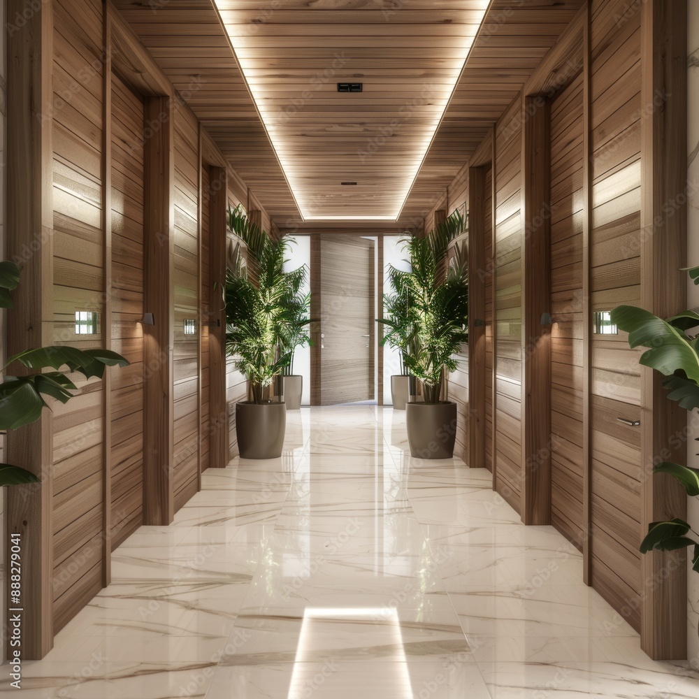 A 3D rendering of a luxury wood and tile corridor of a hotel A 3D rendering of a luxury wood and tile corridor of a hotel