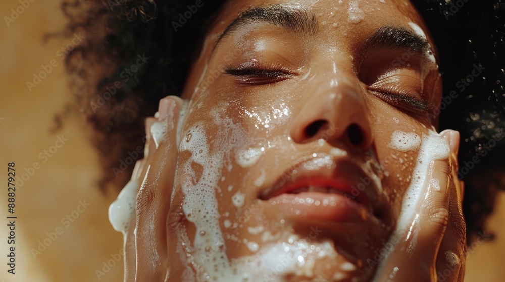 Detailed view of individual with face coated in liquid cleanser, suitable for personal care or cleaning product contexts Detailed view of individual with face coated in liquid cleanser, suitable for personal care or cleaning product contexts