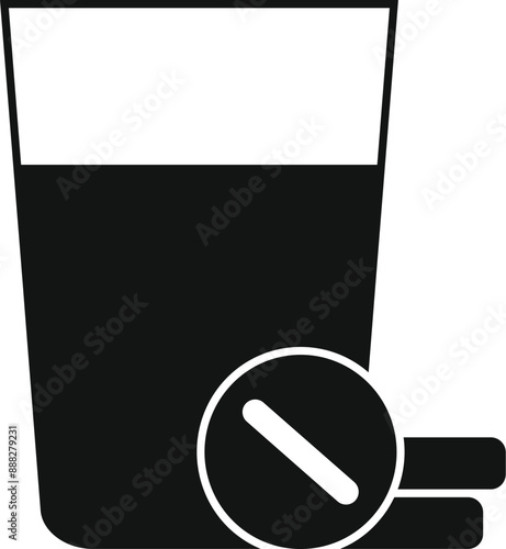 Black and white icon of a glass with water and an effervescent tablet dissolving in it
