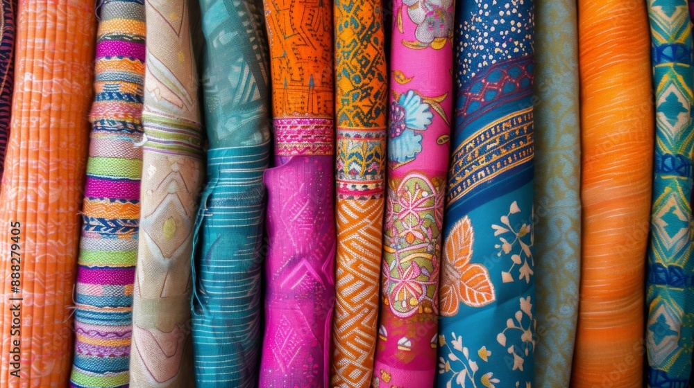 Vibrant selection of colorful textiles with various patterns and textures Vibrant selection of colorful textiles with various patterns and textures
