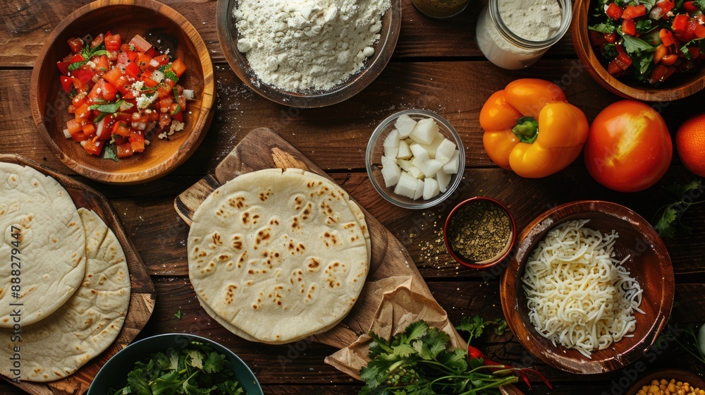 A variety of culinary delights presented on a rustic wooden table A variety of culinary delights presented on a rustic wooden table
