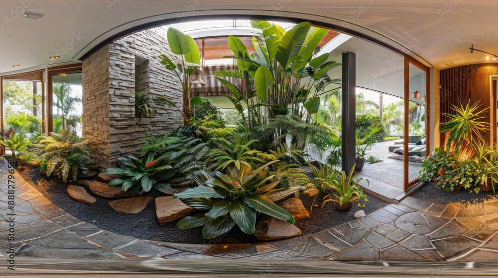 Fototapeta premium panoramic view of a suburban home's modern atrium, filled with tropical plants and natural stone elements
