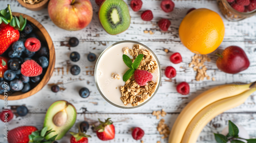 a probiotic yogurt drink poured into a tall glass, surrounded by a variety of fresh fruits and a bowl of granola, set on a light wooden table a probiotic yogurt drink poured into a tall glass, surrounded by a variety of fresh fruits and a bowl of granola, set on a light wooden table