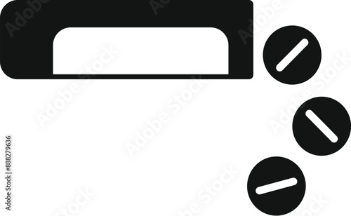 Black and white icon of a medical container dispensing round pills