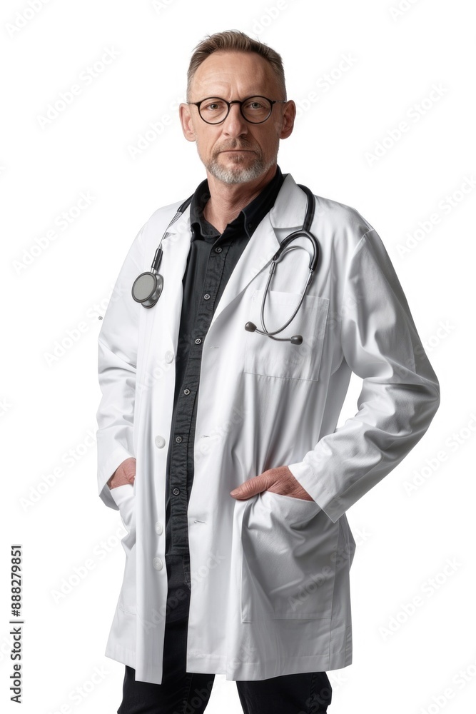 Professional individual wearing a pristine white lab coat, equipped with a medical stethoscope Professional individual wearing a pristine white lab coat, equipped with a medical stethoscope