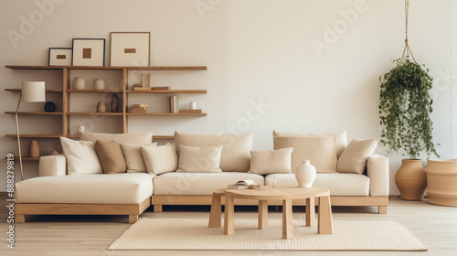 Salon boho - mockup dla obrazu na ścianie. Brązowe i beżowe kolory wnętrza. Render 3d. Wizualizacja	