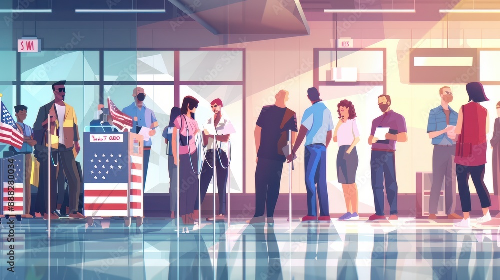 Fototapeta premium Group of american citizens people standing in polling station with USA flags in hands. Voters standing in a queue at vote center getting ballot paper. Election day and democracy concept.