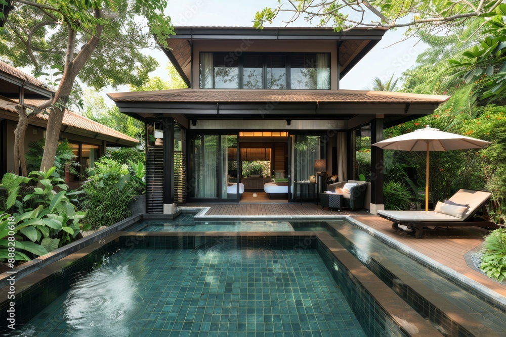 An exterior view of a beachfront bungalow in a seaside resort and hotel for rent