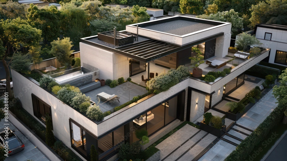 Obraz premium birda??s-eye view of a suburban modern home with an L-shaped layout, featuring a rooftop terrace and minimalist landscaping