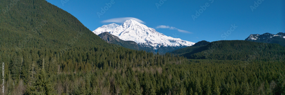 Expansive View of Mount Rainier with Lush Evergreen Forest in Foreground Expansive View of Mount Rainier with Lush Evergreen Forest in Foreground