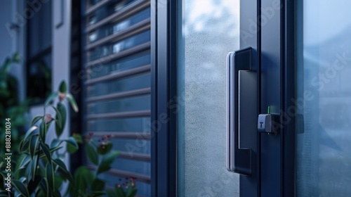 detail of a suburban contemporary homea??s front door, with smart lock technology and sleek, frosted glass panels photo