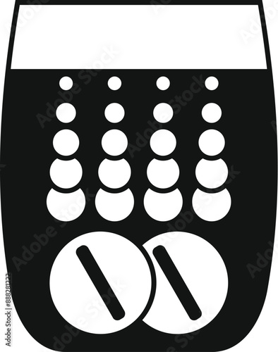 Black and white icon of a glass of water with effervescent tablets, symbolizing medication, healthcare, and treatment