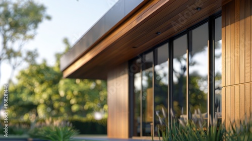 Wallpaper Mural close-up of a suburban modern home's exterior detail, showcasing natural wood panels and clean lines Torontodigital.ca