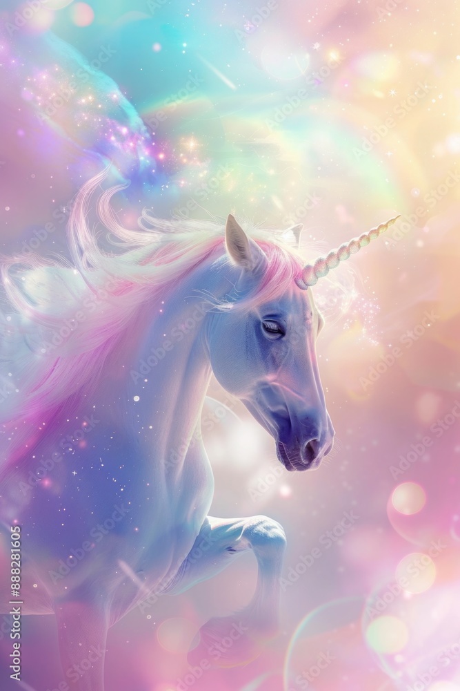 A mystical white unicorn soaring amidst clouds, perfect for fantasy themes A mystical white unicorn soaring amidst clouds, perfect for fantasy themes