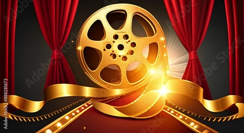 Golden film reel with red curtains, for elegant cinema events, award ceremonies. Shiny gold film reel and red drapes, glamorous movie premieres, cinematic celebrations. Luxurious film reel with sparlk photo