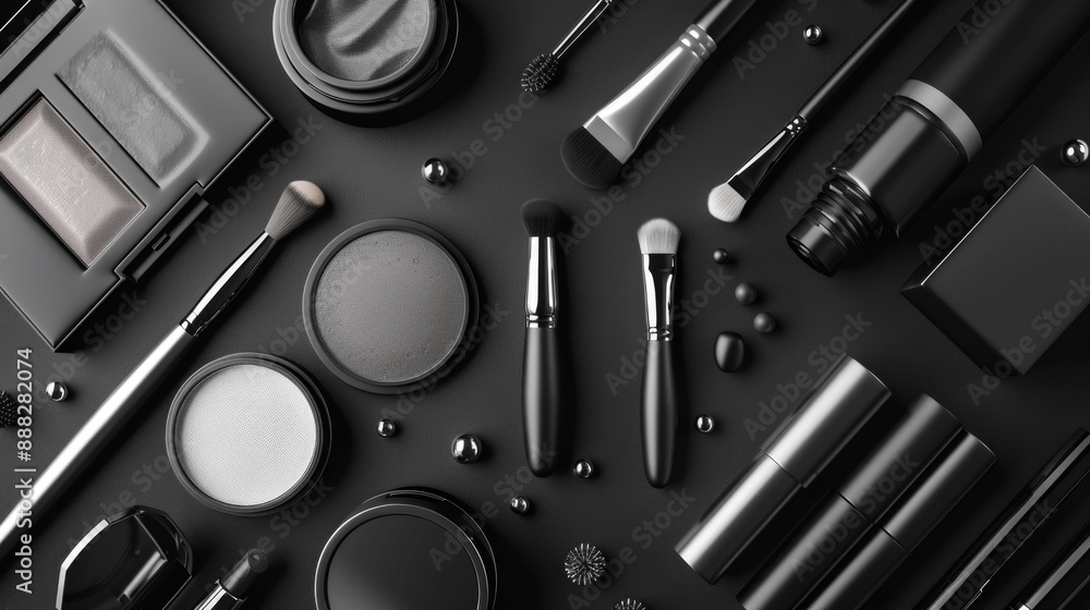 high-quality, professional makeup set including various brushes in black white photography high-quality, professional makeup set including various brushes in black white photography