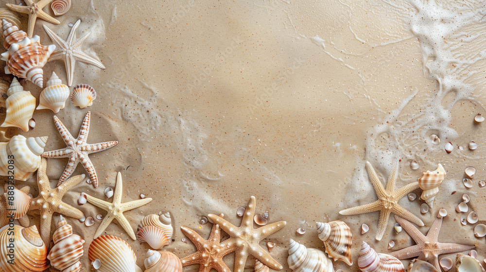 Obraz premium Top View of a Sandy Beach with Exotic Seashells