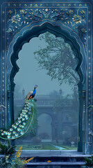 Mughal garden with arch, peacock, palace, tree illustration for wedding invitation on dark blue background
