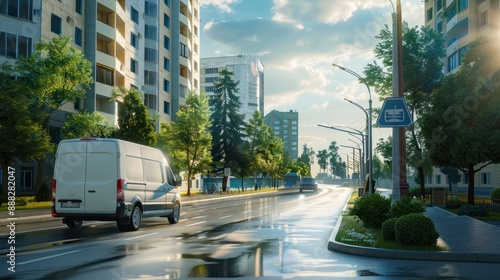 Fototapeta Naklejka Na Ścianę i Meble -  'modern white small courier delivery cargo motorway shipment moving van fast suburb city driving road urban busines express stribution logistics service mini bus highway sunny day transport'