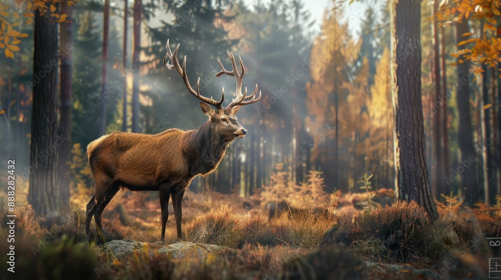 Nature wildlife scene with majestic brown deer in forest wild animals portrait in wilderness beautiful male stag with antlers standing alert in autumn landscape among pine trees and grass Nature wildlife scene with majestic brown deer in forest wild animals portrait in wilderness beautiful male stag with antlers standing alert in autumn landscape among pine trees and grass