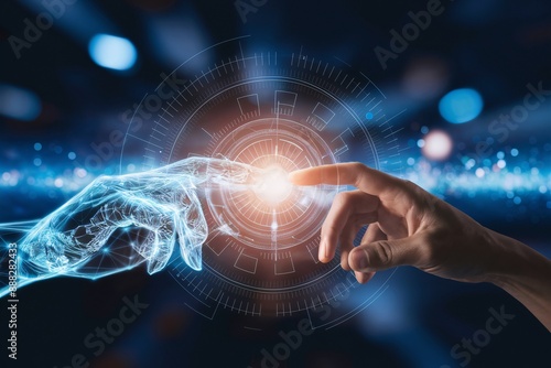 Human & AI: A symbolic fusion of human and artificial intelligence, with a glowing blue digital hand reaching towards a human hand. This futuristic concept image evokes the future of technology, colla #888282433