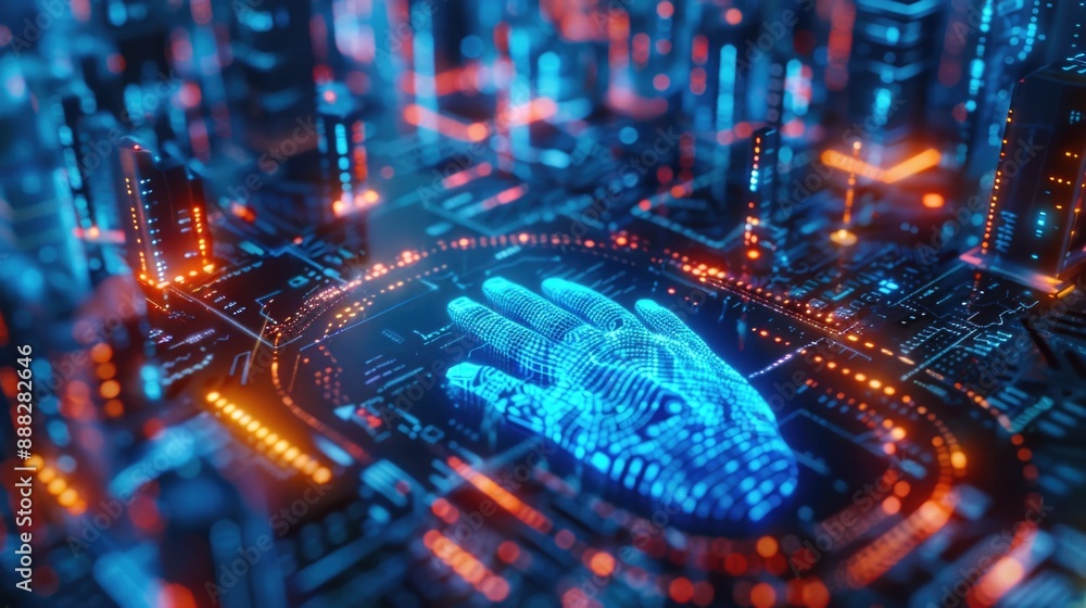 A sleek metropolis under the control of an advanced technology, featuring a hovering hand above A sleek metropolis under the control of an advanced technology, featuring a hovering hand above