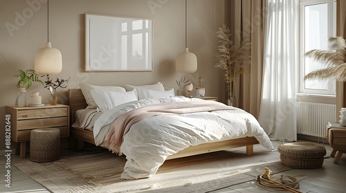 serene and inviting bedroom design featuring soft beige and wicker elements
