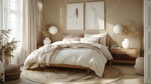 cozy minimalist bedroom with neutral tones and natural textures
