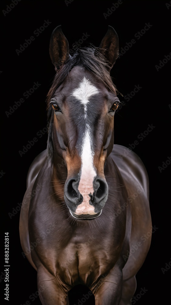 Fototapeta premium Horse Portrait: A captivating portrait of a majestic brown horse with a striking white marking on its face, captured against a dramatic black background. The horse's intelligent eyes and strong pres