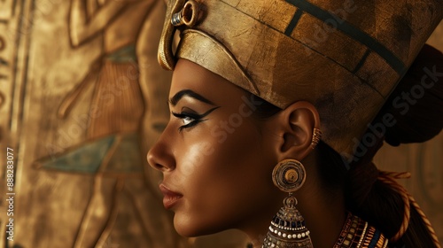 dignified portrait of an ancient Egyptian queen, adorned in traditional jewelry and attire, representing the grandeur and mystique of one of historys oldest civilizations photo