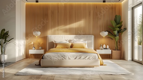 contemporary bedroom with wooden accent wall and minimalist decor
