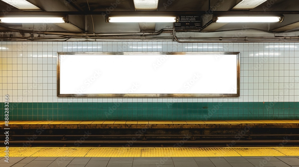 Empty white poster on a subway station wall, ideal for advertisements, public service announcements, or artistic displays, blending urban convenience with creative potential Empty white poster on a subway station wall, ideal for advertisements, public service announcements, or artistic displays, blending urban convenience with creative potential